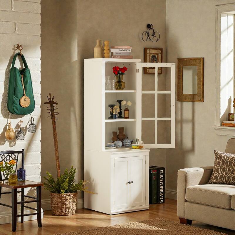 75.25'' Tall Farmhouse Pantry Cabinet with Glass Door & Lattice Window, Freestanding Hutch with Adjustable Shelves