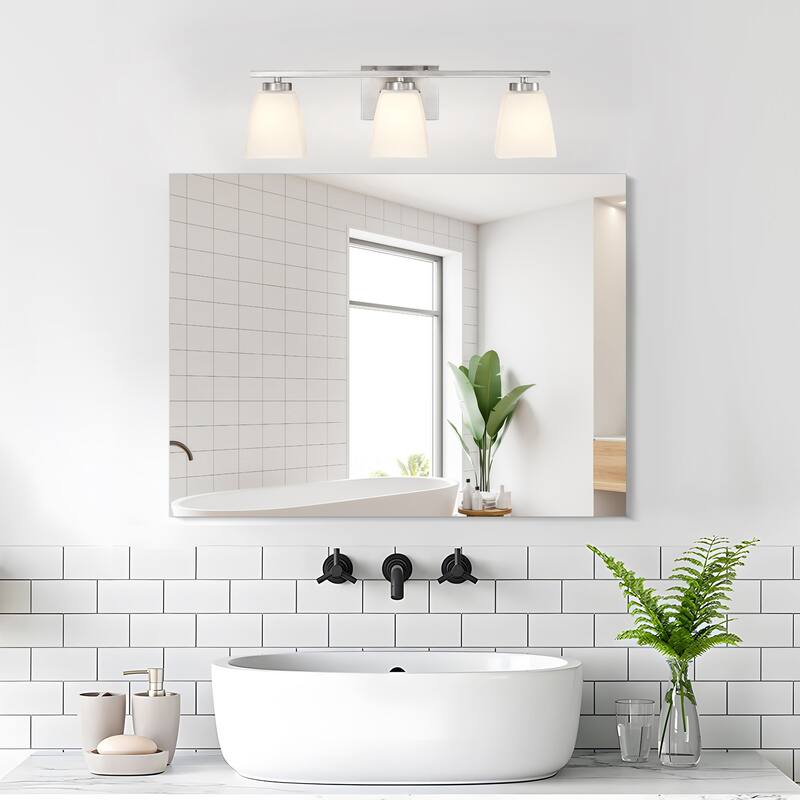 Brushed Nickel/Matte Black/Gold Modern 3-Light Vanity Light with Square Etched White Glass Shades