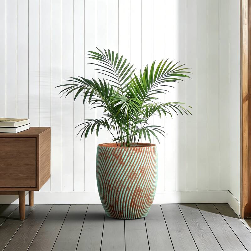Concrete Tall Round Planter with Teal Stripes with Drainage Holes