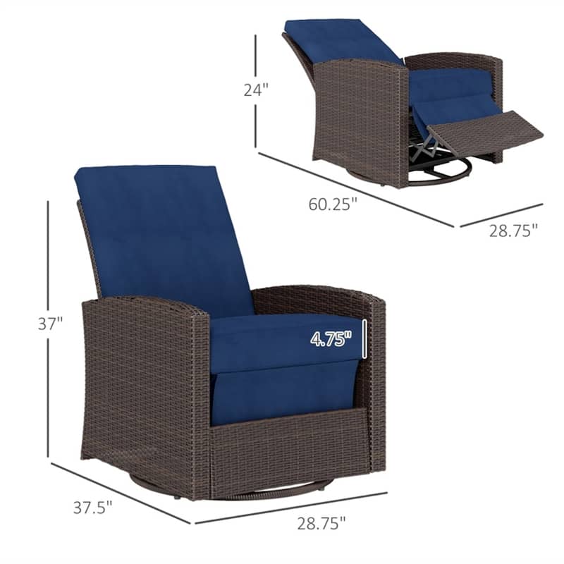 Handwoven PE Rattan Patio Recliner Chair with Swivel and Comfortable Removable Cushion - 28.75" L x 37.5" W x 37" H