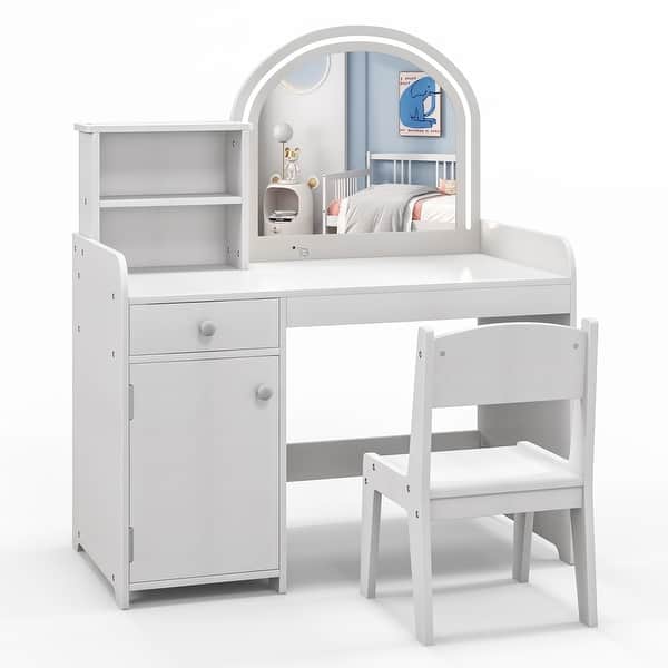 slide 2 of 22, Costway Kid Vanity Table Chair Set 2-Color LED Lights Large Drawer - See Details