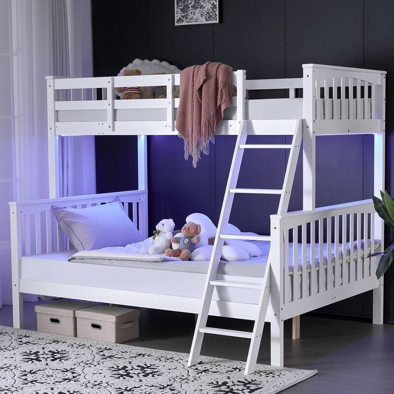 White Twin Over Full Size Bunk Bed with Guardrail, LED Light, Charging Station