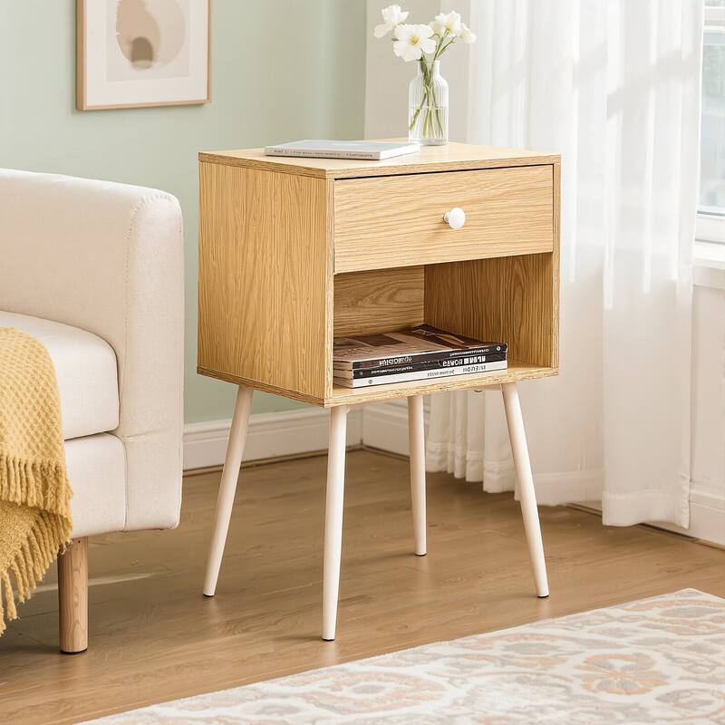 VECELO Nightstand Set of 2 Mid Century 1-Drawer Nightstand with Enclosed Open Shelf Multi-Color Options for Bedroom Living room