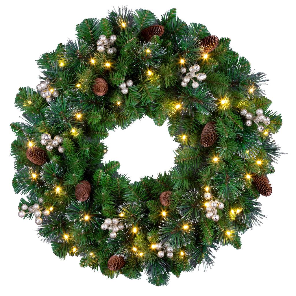 National Tree Company 2 ft. Pre-lit Crestwood Gold Spruce Wreath with Silver Bristle, Pinecones, Gold Berries, and Silver Glitte