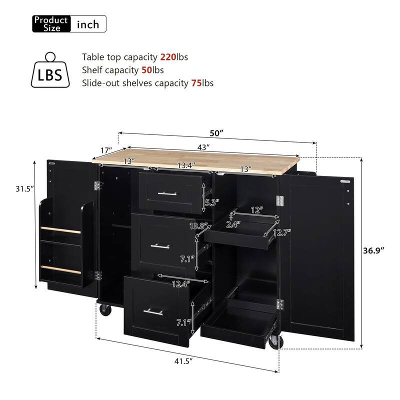 Kitchen Island with 2 Slide-Out Shelf and Internal Storage Rack