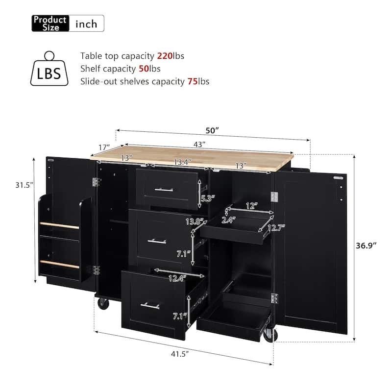 Roomfitters Rolling Kitchen Island with Storage, Kitchen Cart Rubber Wood Top, 3 Drawer, 2 Slide-Out Shelf
