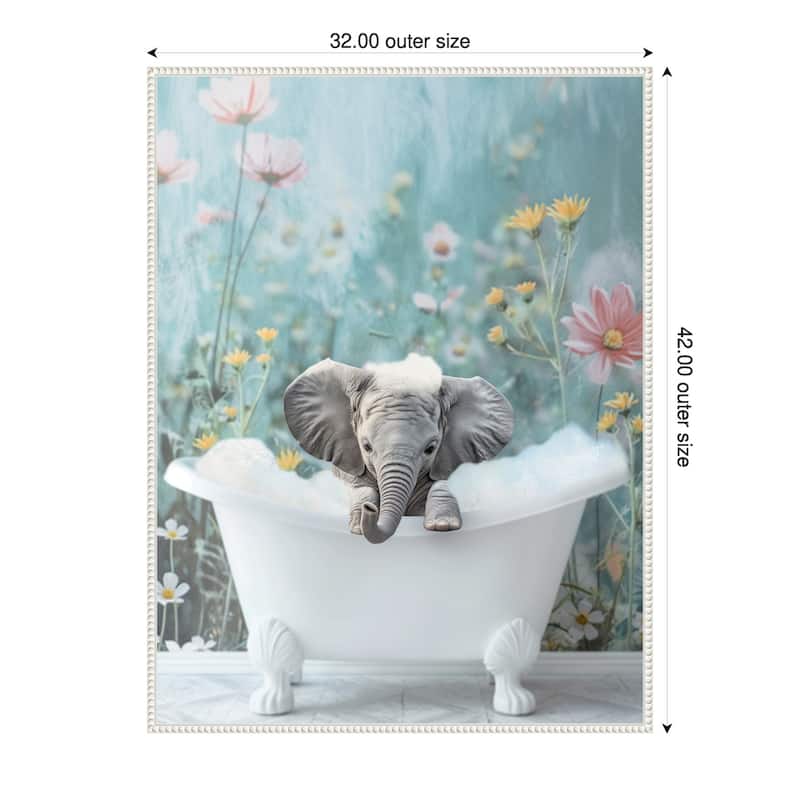 Blue Blossom Elephant Bath by Niky Rahner Framed Canvas Wall Art - 32 x 42 in