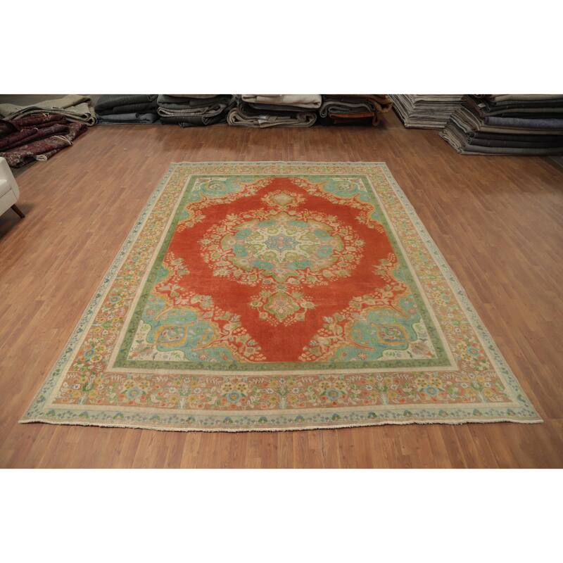 Hand Knotted Oriental 100% Wool Carpet Traditional Floral Oranges & Rust Tabriz Area Rug - 12' 6'' X 9' 8''