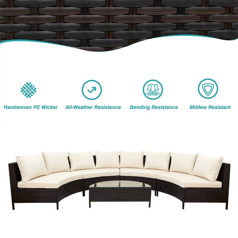 Roomfitters Outdoor Half Moon Curved Rattan Sofa Set, Modular Wicker Sectional Patio Furniture with Glass Coffee Table
