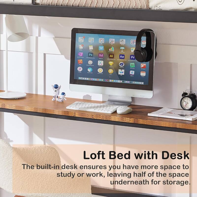 VECELO Twin Metal Loft Bed with Built-in Desk – Space-Saving Study Bed for Kids, Teens & Adults, No Box Spring Needed