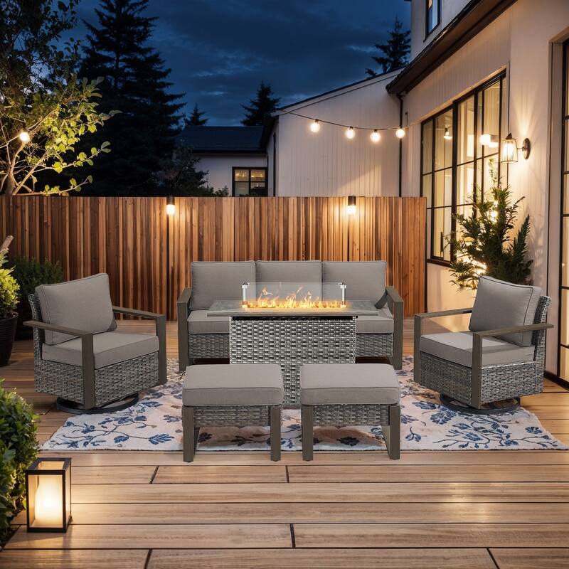 Pocassy Outdoor Wicker Sofa Swivel Chair with Fire Table Set - Grey Wicker Gray Cushion - 6-Piece Sofa Swivel Chair Ottoman with Fire Table