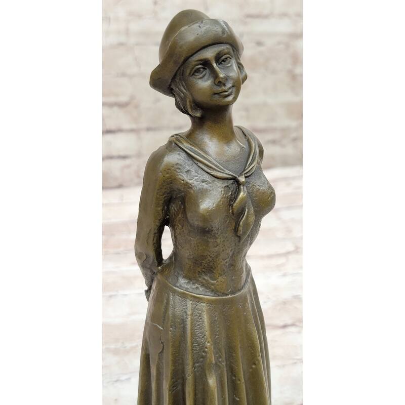 Art Deco Period Girl In Hat Bronze Statue Sculpture Figure 11.5 Inches X 3.5 Inches