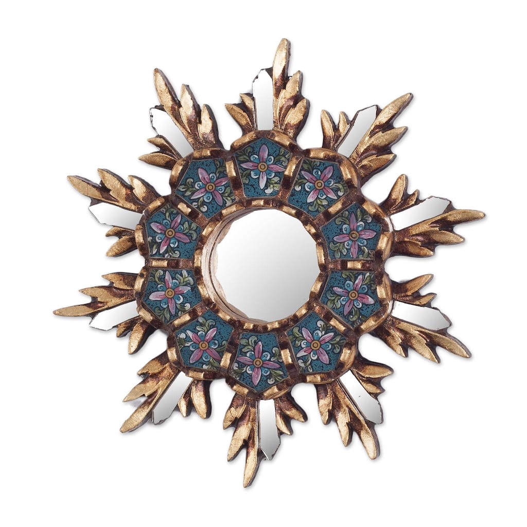 Handmade Cuzco Snowflake Wood And Reverse Painted Glass Wall Mirror (Peru) - 7.75" H x 7.75" W x 1.2" D