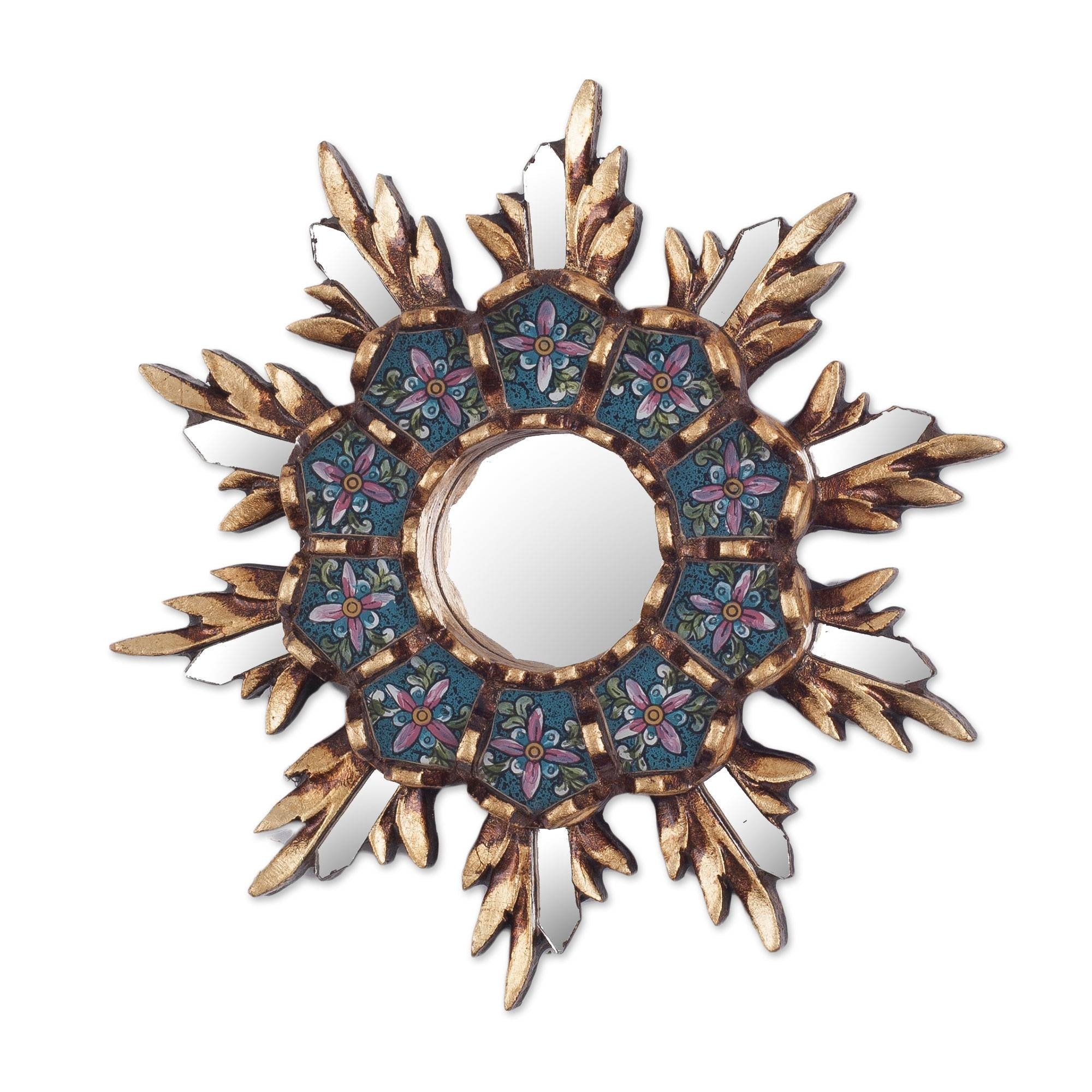 Handmade Cuzco Snowflake Wood And Reverse Painted Glass Wall Mirror (Peru) - 7.75" H x 7.75" W x 1.2" D