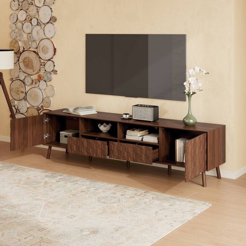 Modern 70" TV Stand for TVs up to 80", Entertainment Center Media Console Table with Solid Wood Legs and Open Storage