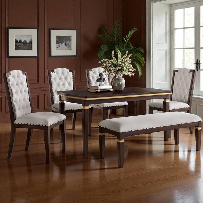 6-Piece Dining Table Set with 4 Tufted Chairs and Bench, 60" Rectangular Wood Table, Modern Dining Room Furniture