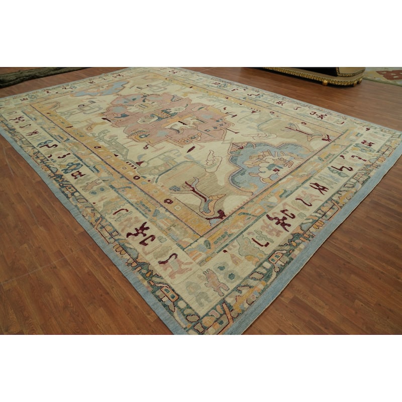Geometric Wool Oushak Vegetable Dye Large Rug, Medallion Geometric Carpet - 17' 11'' X 12' 3''