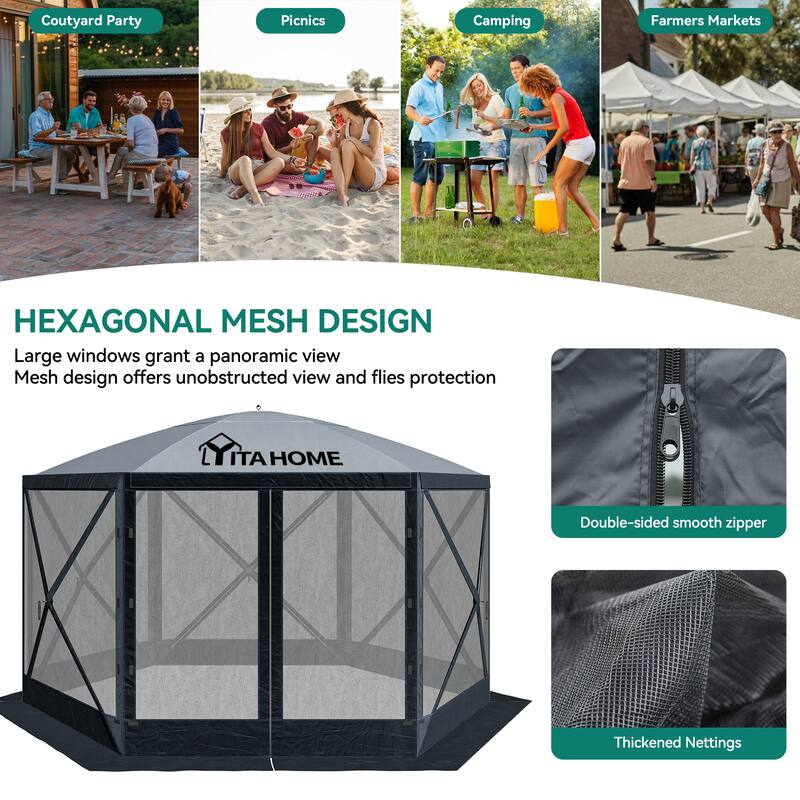 Outdoor 6-Sided Hexagon Pop-up Party Tent with Mesh Netting Walls