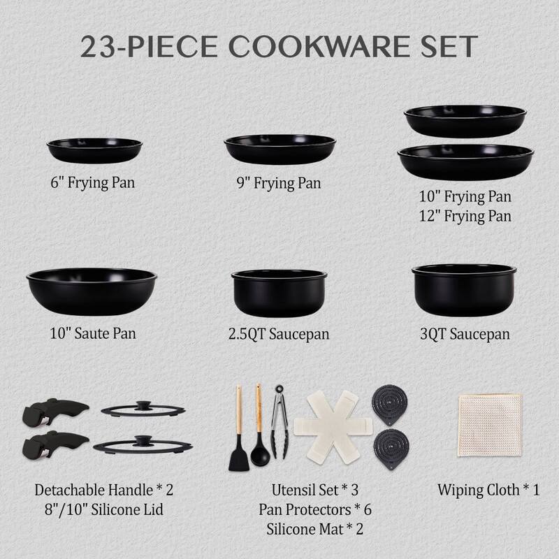23 Pcs Nonstick Pots And Pans Set Cast Aluminum Cookware Set With Detachable Handles