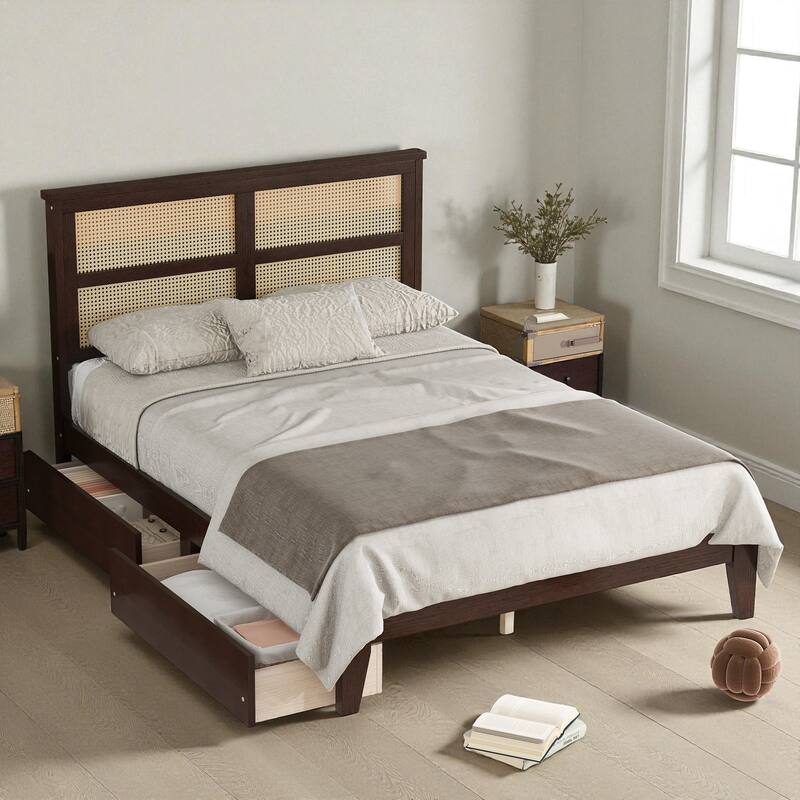 Full/King Size Rubber Wood Bed with Rattan Headboard and 2 Storage Drawers, Solid Frame with Reinforced Support Slats and Feet