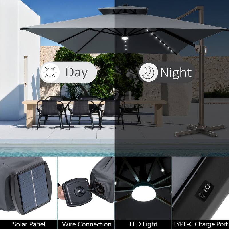 10 X 13 FT Outdoor Patio Cantilever Umbrella with Solar Lights Wheeled Base Double Canopy 360 Rotation Tilt