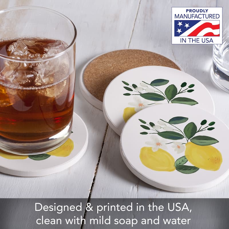 Lemon Blossom 4 Pack Absorbent Stone Coasters with Protective Cork Backing Made in The USA Absorbent Easily Wipes Clean