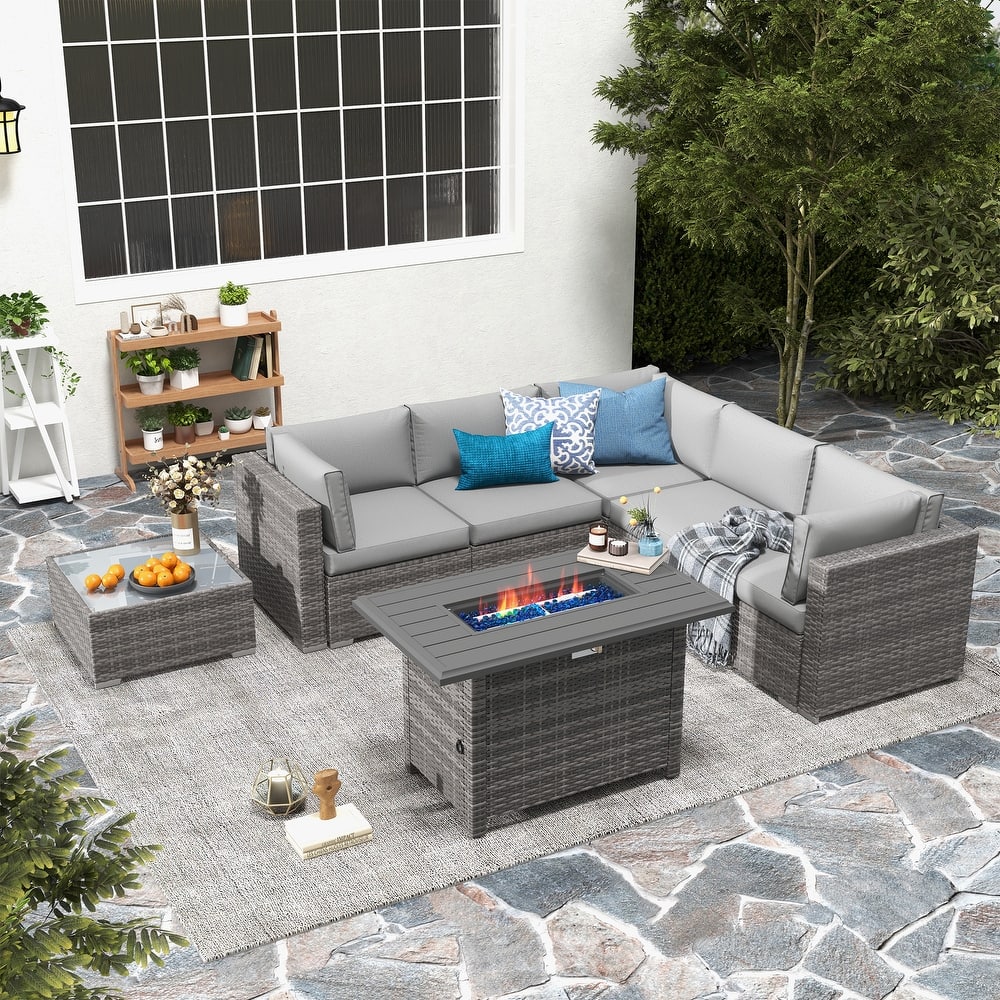 7 Piece Wicker Set Patio Sofa Furniture with Fire Pit And Table