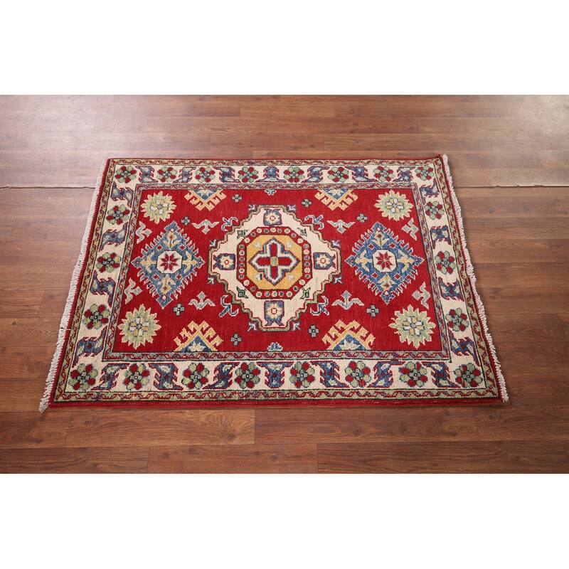 Red Geometric Kazak Pakistan Accent Rug Handmade Wool Carpet - 2'9" x 3'9"