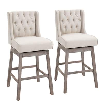 2-Pack Linen Upholstered Ergonomic Bar Stools with Swivel Seat and Solid Wood Legs - 19.25" W x 22.75" D x 43.25" H