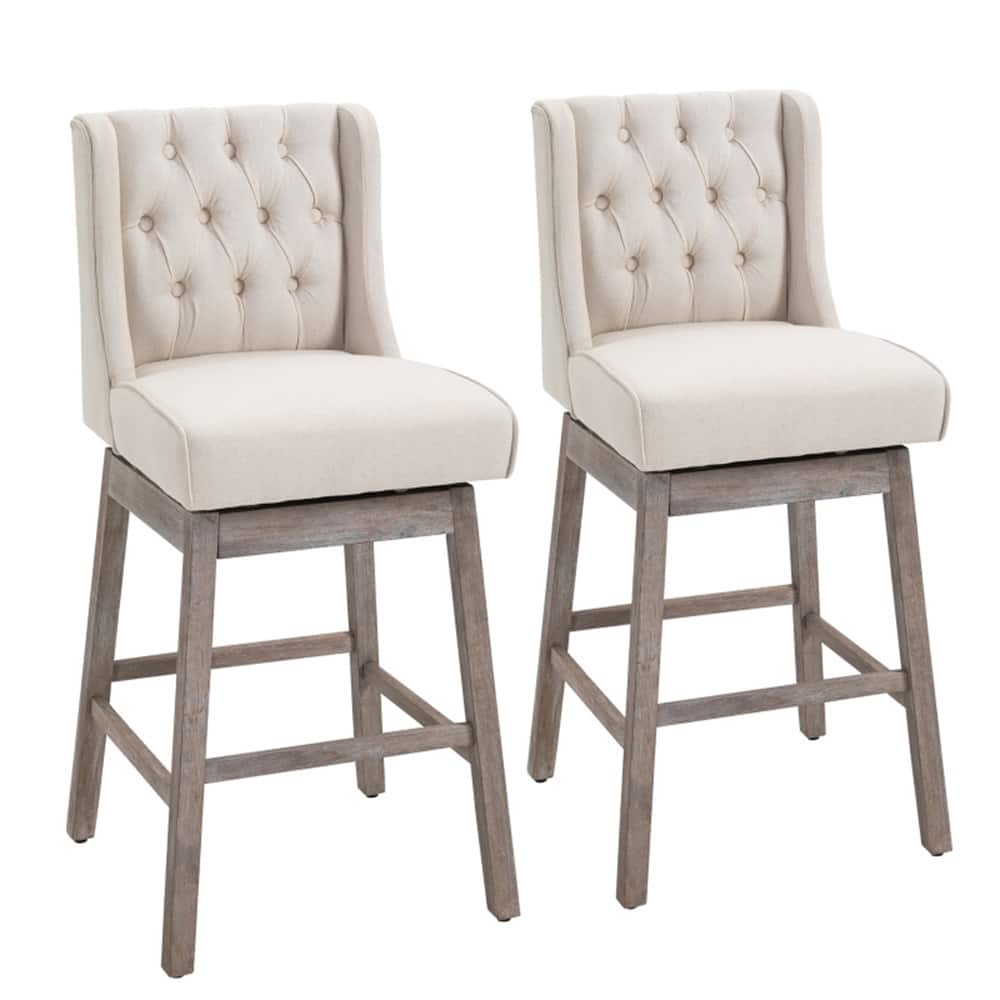 2-Pack Linen Upholstered Ergonomic Bar Stools with Swivel Seat and Solid Wood Legs - 19.25" W x 22.75" D x 43.25" H