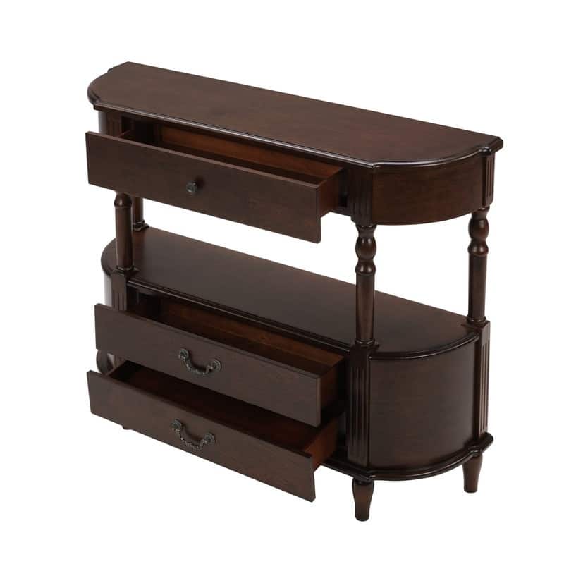 Retro 43" Curved Wood Console Table with 3 Drawers and Open Shelf, Sofa Table Behind Couch for Living Room and Hallway Storage