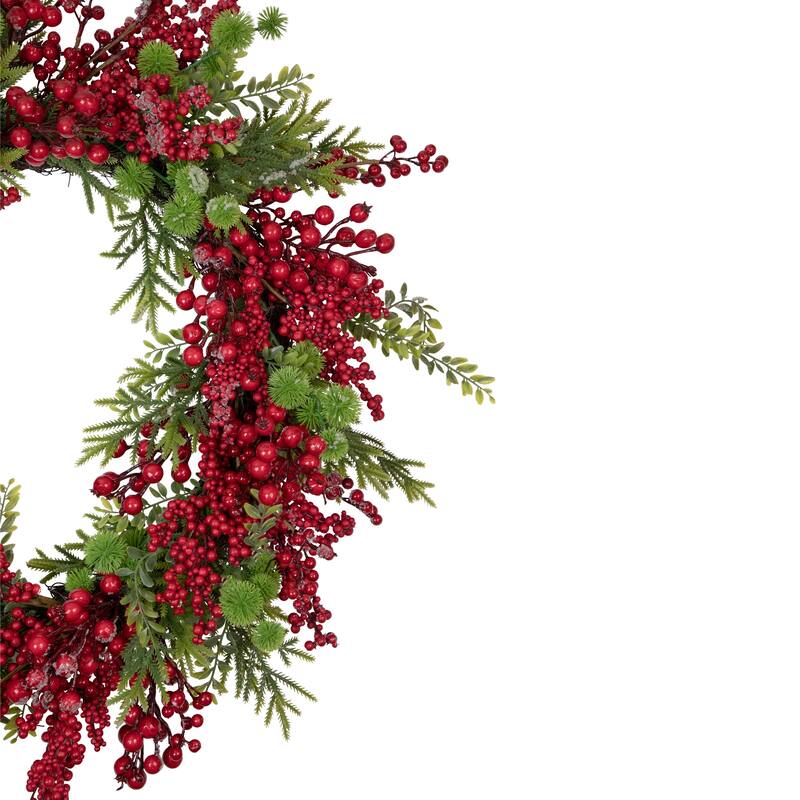 Artificial Frosted Red Berry and Pine Christmas Wreath 28-Inch Unlit - 28"
