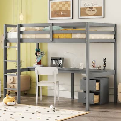 Grey Twin Size Wood Loft Wood Bed with Under-bed, Built-in Desk, a Storage Cabinet of 2 Drawers, Guardrails and Ladder