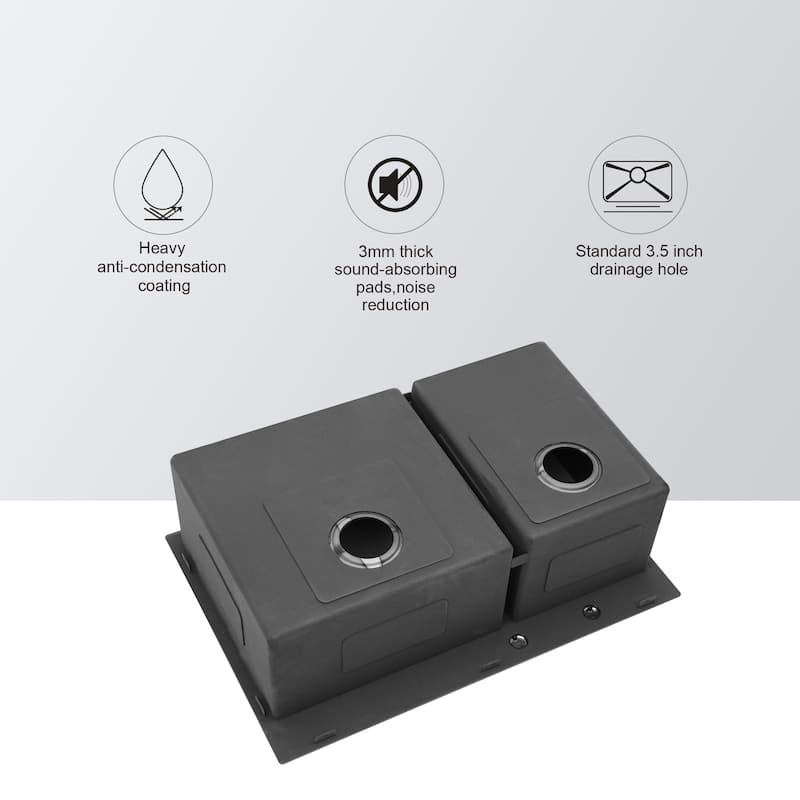 33" Drop-In 16 Gauge Double Bowl Stainless Steel Kitchen Sink in Gunmetal Black - 33'' x 22'' x 10''