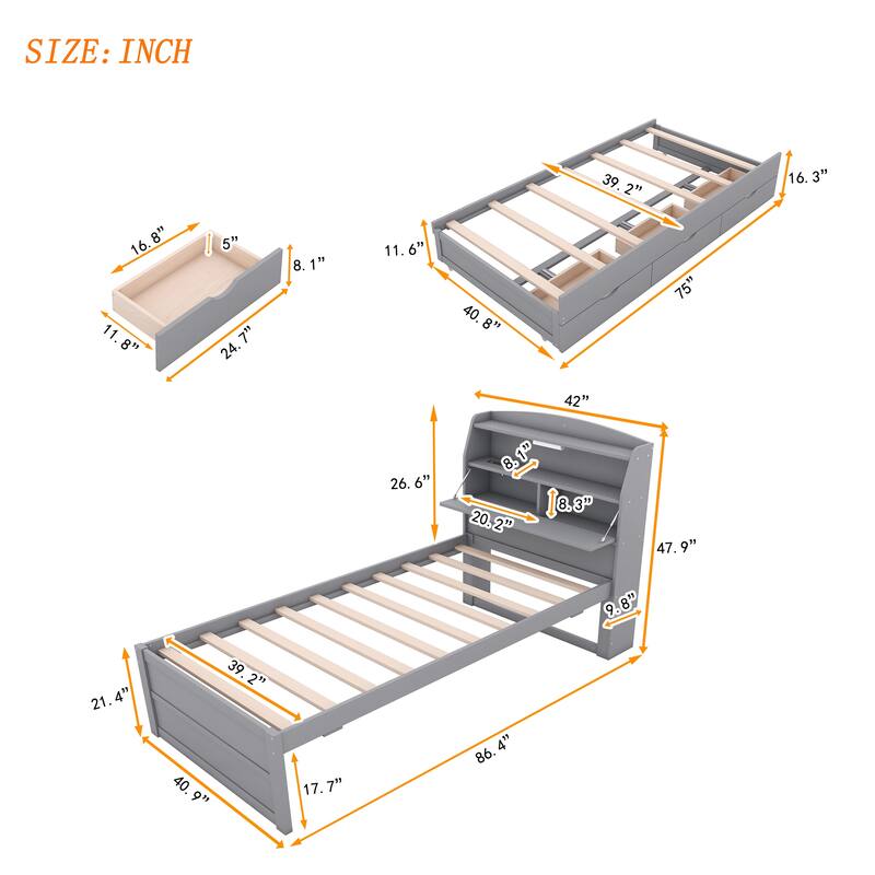 Wooden LED Bed with Trundle and Storage Headboard