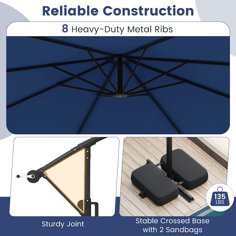 Costway 10 FT Solar Offset Hanging Umbrella with Base Patio Cantilever