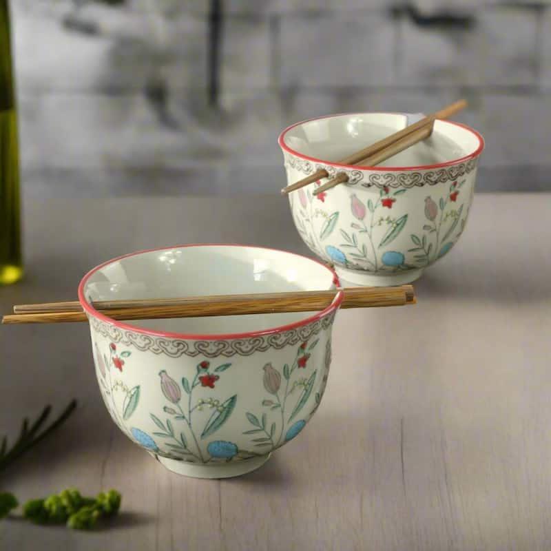 Euro Ceramica Ella Ramen Bowls Set with Chopsticks - Red - Service for Two