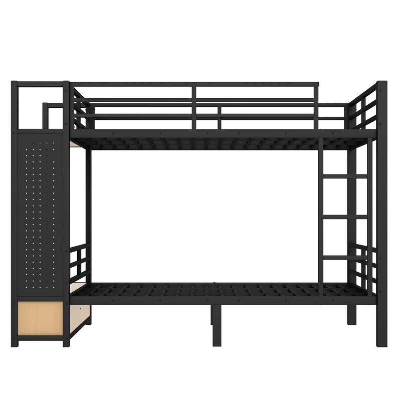 Storage Bunk Bed with Shelves, Wardrobe, 2 Drawers and Pegboard, Heavy Duty Metal Bunk Bed Frame, Noise Free, No Box Spring Need
