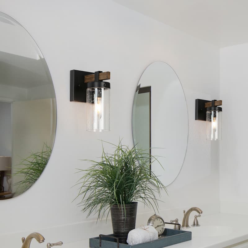 Fora Modern Farmhouse 1-light Cylinder Seeded Glass Shade Bathroom Vanity Light - L4.5"* W 5.5"* H 8.5"