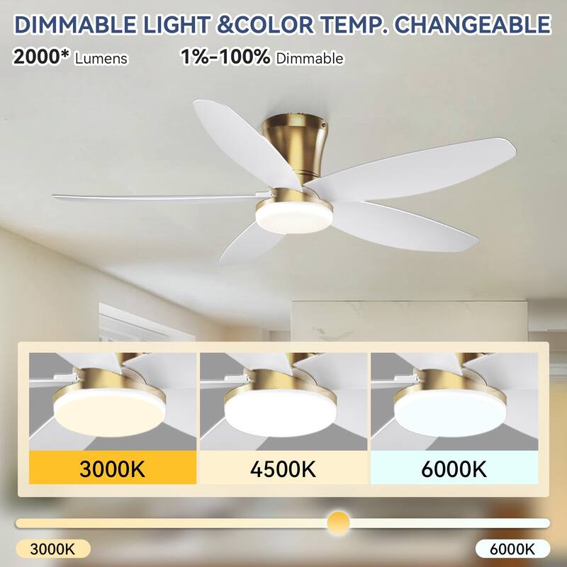 36"/42"/48" Low Profile Ceiling Fan with ABS Blades 3 Color LED Flush Mount for Bedroom Living Room APP and Remote Control