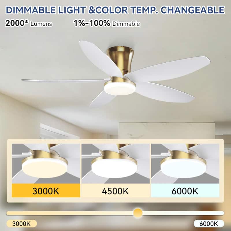 36/42/48 inches Flush Mount Ceiling Fan with Light and Remote ,Gold Base with White Blades for Bedroom Living Room