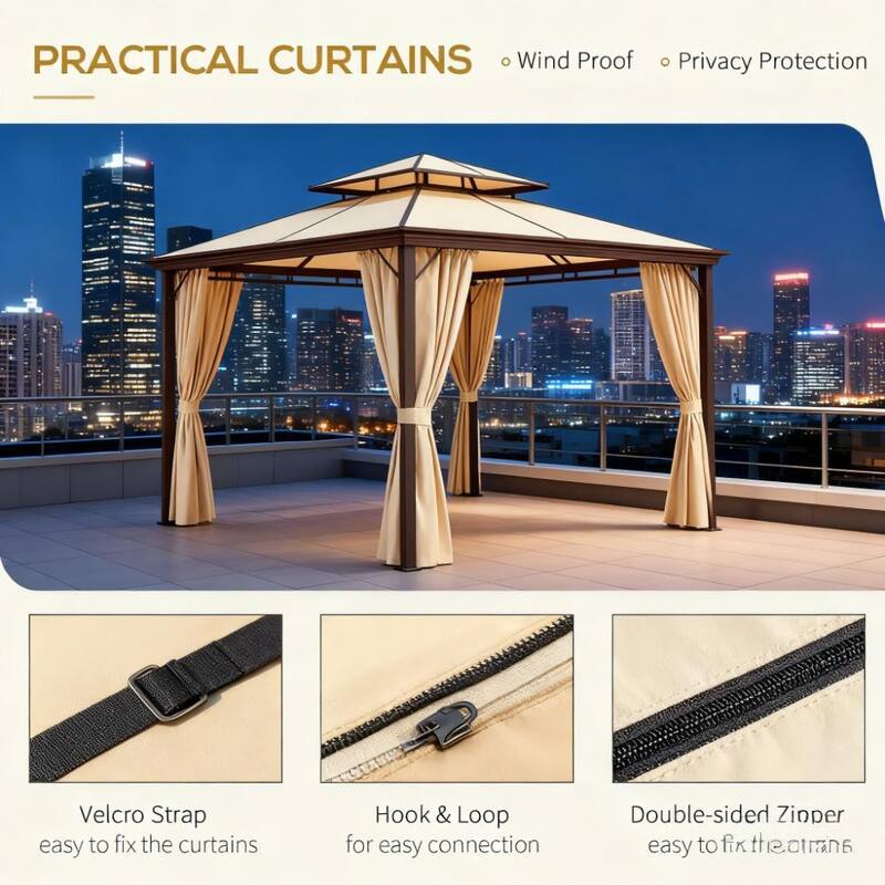GDFStudio - Outdoor Elegant 10'x10' Steel Patio Gazebo with Double Canopy & Privacy Curtains