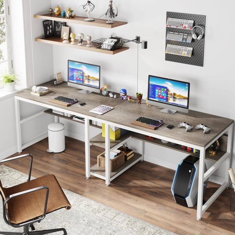 78.7" Two Person Desk with Bookshelf, Office Double Desk for Two Person
