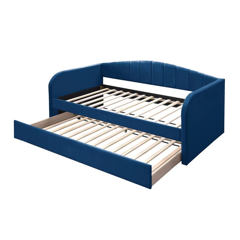 Keo Daybed with Pull Out Trundle, Channel Tufted Modern Blue Velvet
