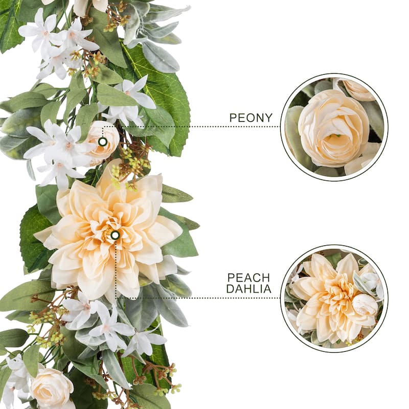 Glitzhome Peach Dahlia Floral Wreath Teardrop Garland