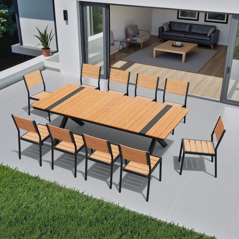 11/13-Piece Outdoor Aluminum Dining Table Set Rectangular Table with Umbrella Hole and Stackable Chairs