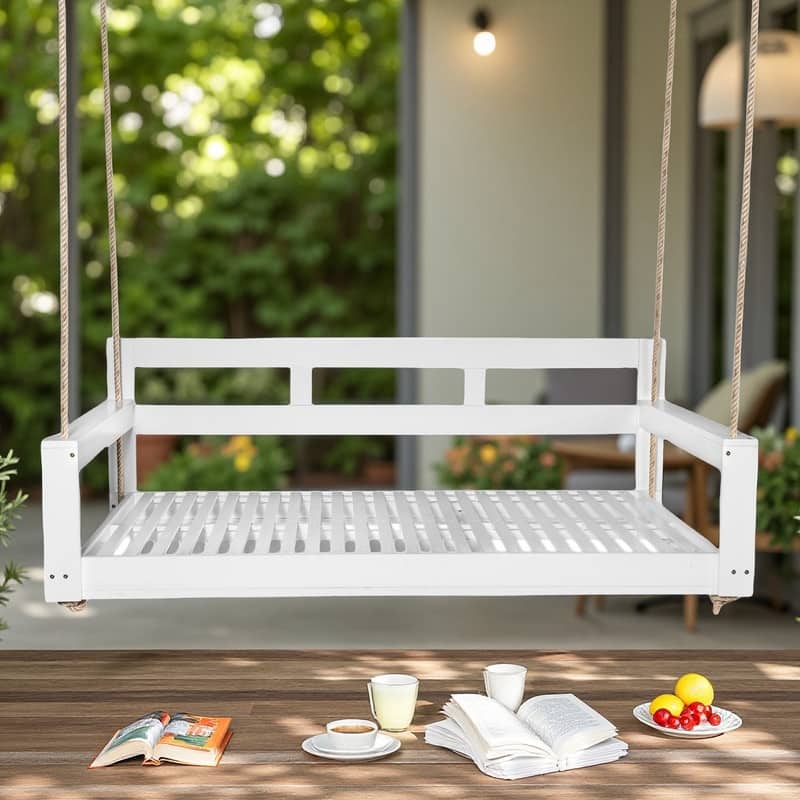 Acacia Wood Porch Swing Daybed with 4 Hanging Ropes Twin Size Outdoor Swing Bed, 350lb Capacity