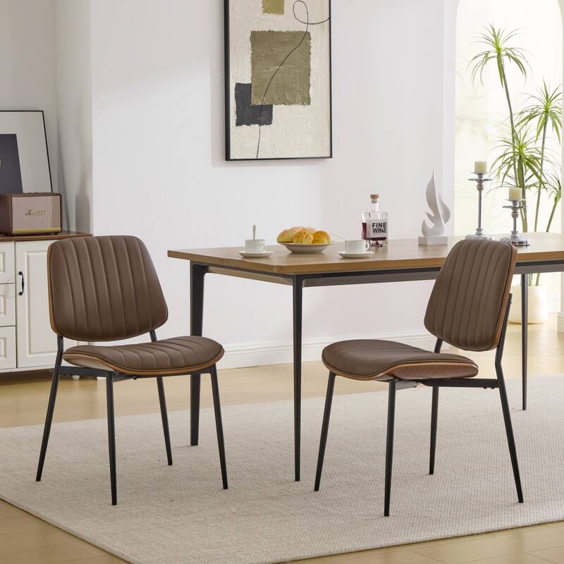 Upholstered Dining Chairs Set of 2, Faux Leather Chair with Walnut Bentwood Back, Kitchen Chairs with Adjustable Foot