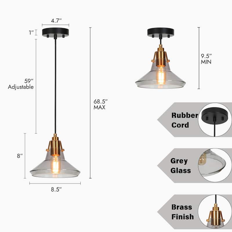 Modern Glam 1-Light Black Gold Cone Glass Kitchen Island Pendant Light for Dining Room - 8.5" D x 8" H