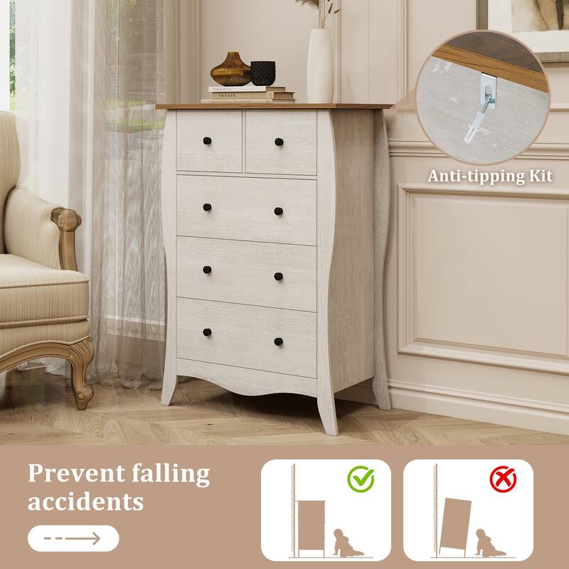 Gymax 2PCS 38'' Farmhouse Chest of Drawers w/ 5 Folding Fabric Drawers